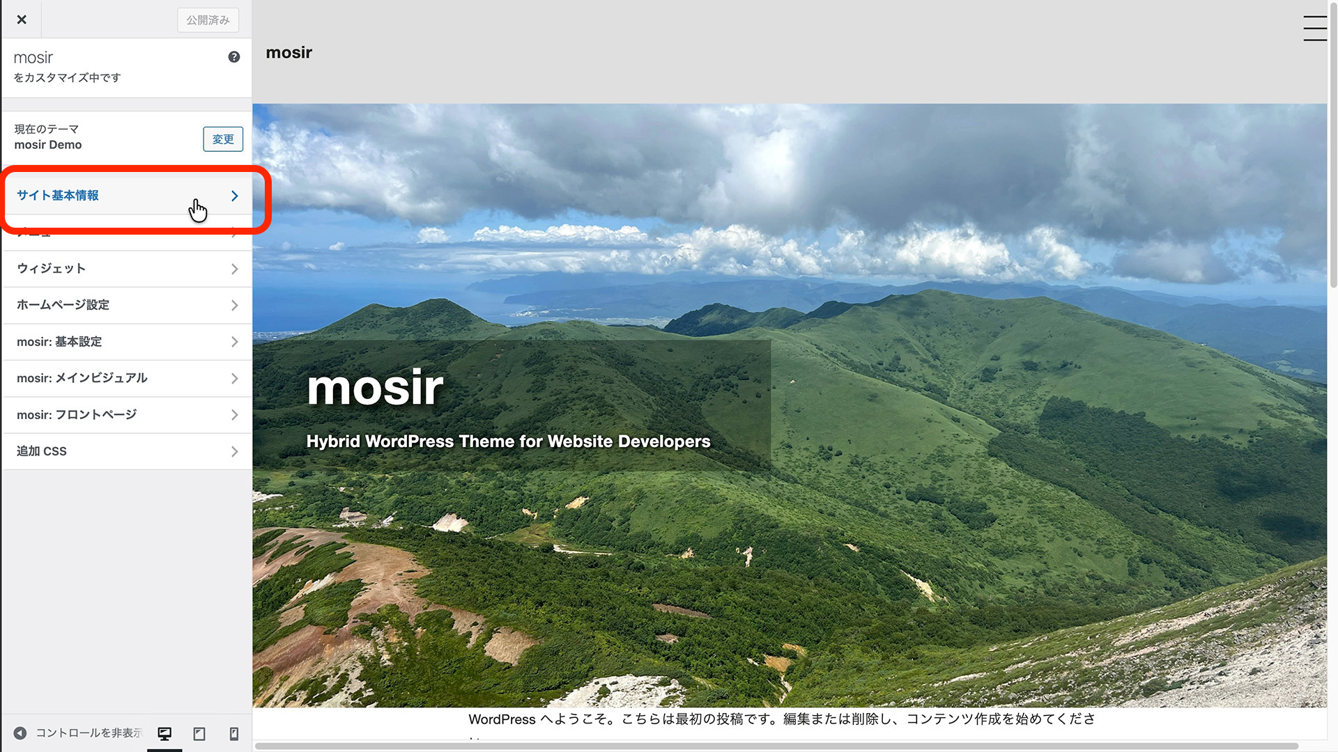 カスタマイズ画面でサイト基本情報を選択