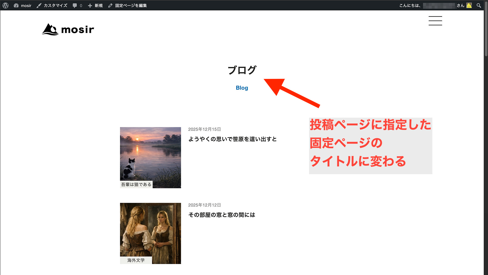 投稿ページを表示している画面。タイトルが反映されている